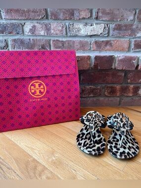 Tory Burch Tan & Black Natural Leopard Printed Patent Leather Miller Sandals